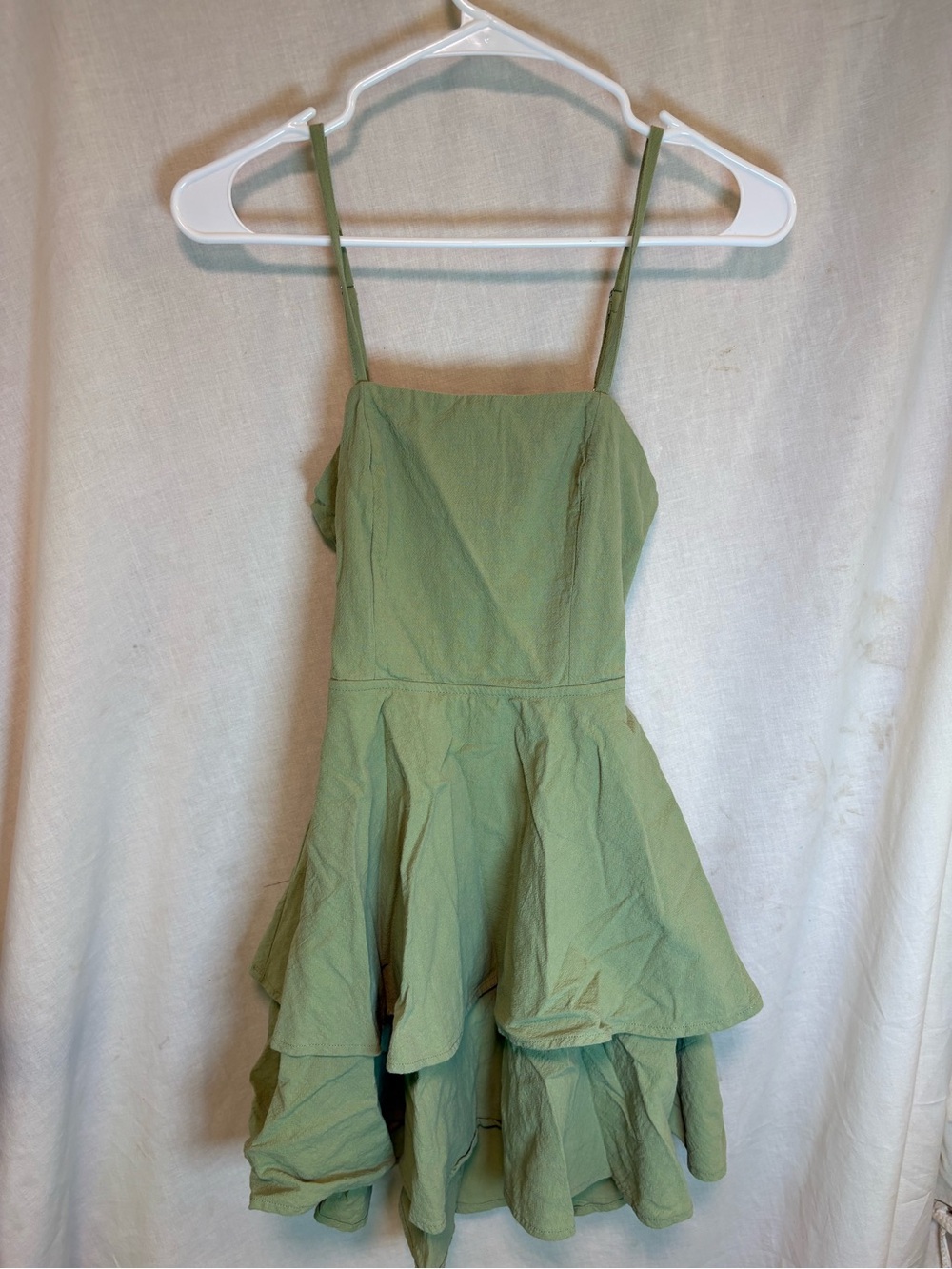Sage Green Spaghetti Strap Tiered Mini Dress Women XS Open Back Fairy Core
